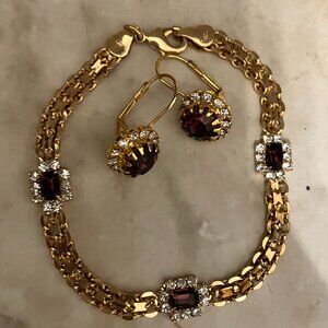 Ruby/Cubic Zirconia  Gold Bracelet and Earring Set/ New